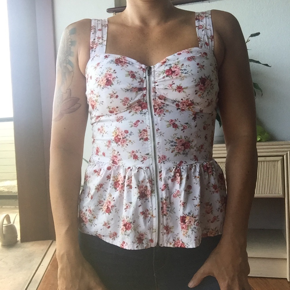 Floral Corset Style Zipper Front Padded Bra Top